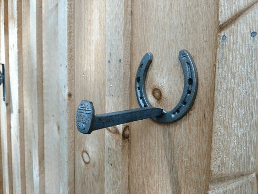 Rustic Horseshoe and railroad spike hook - Black Flag Steel