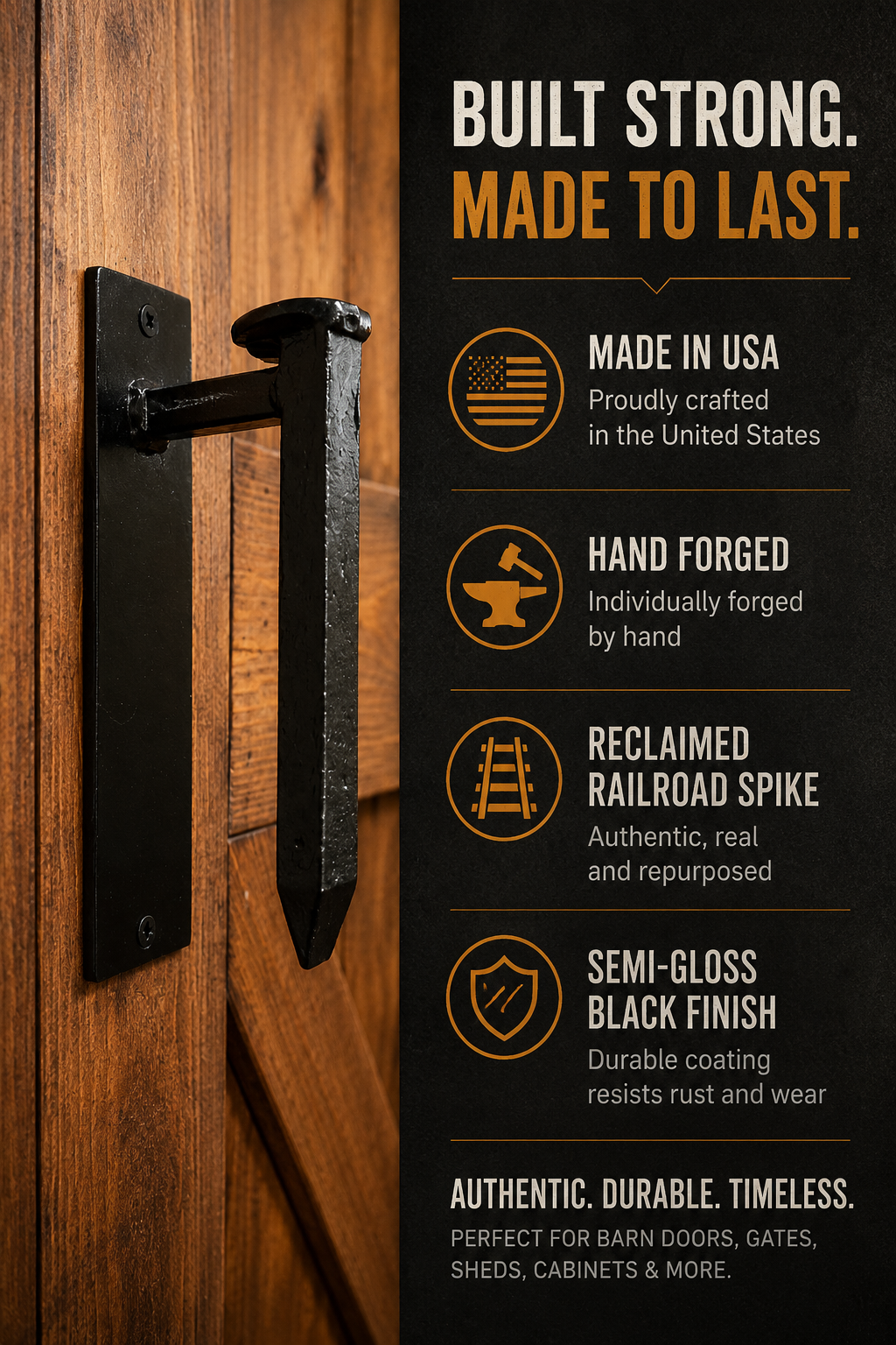 Hand Forged Railroad Spike Barn Door Handle – Rustic Farmhouse Door Pull – 9"