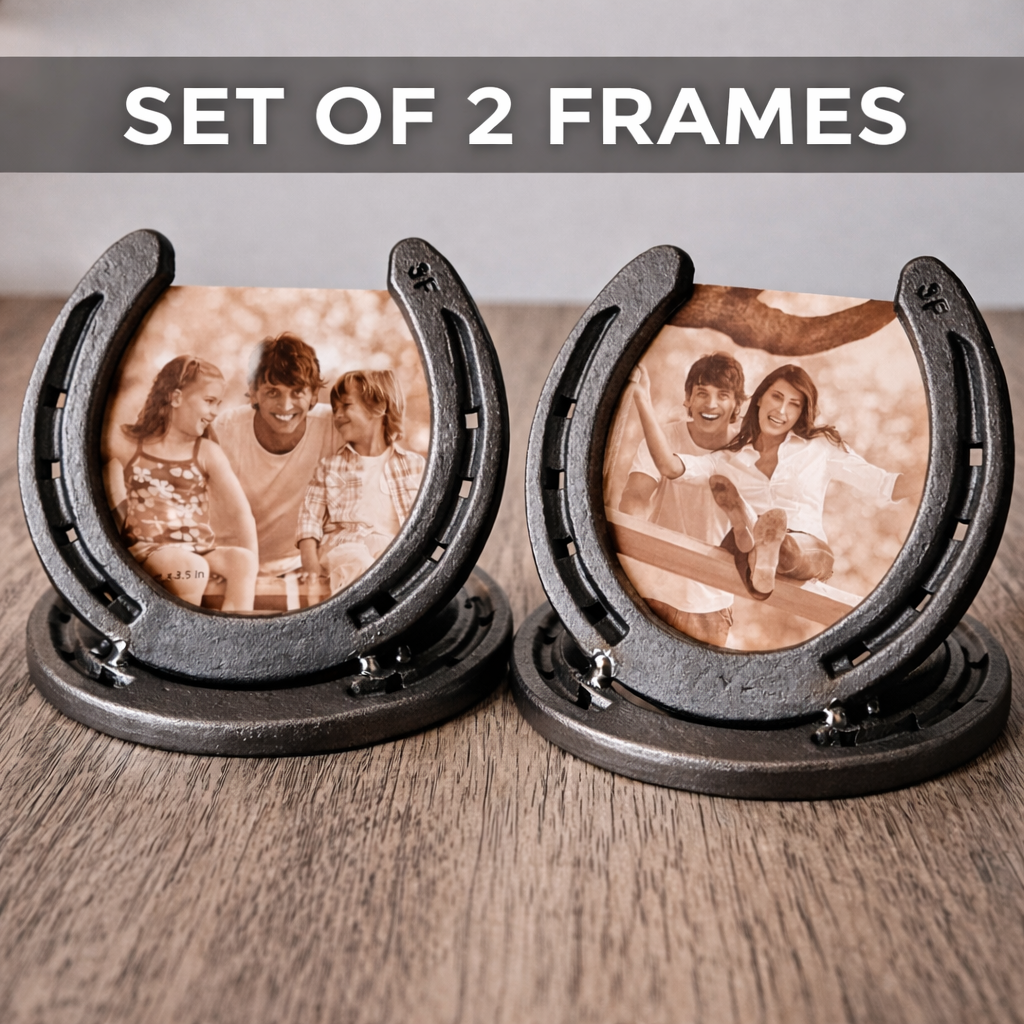 Handmade Horseshoe Picture Frame Set (2) – Rustic Metal Photo Display with Magnetic Back