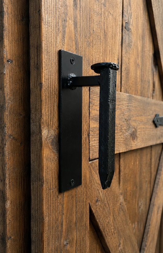 Hand Forged Railroad Spike Barn Door Handle – Rustic Farmhouse Door Pull – 9"