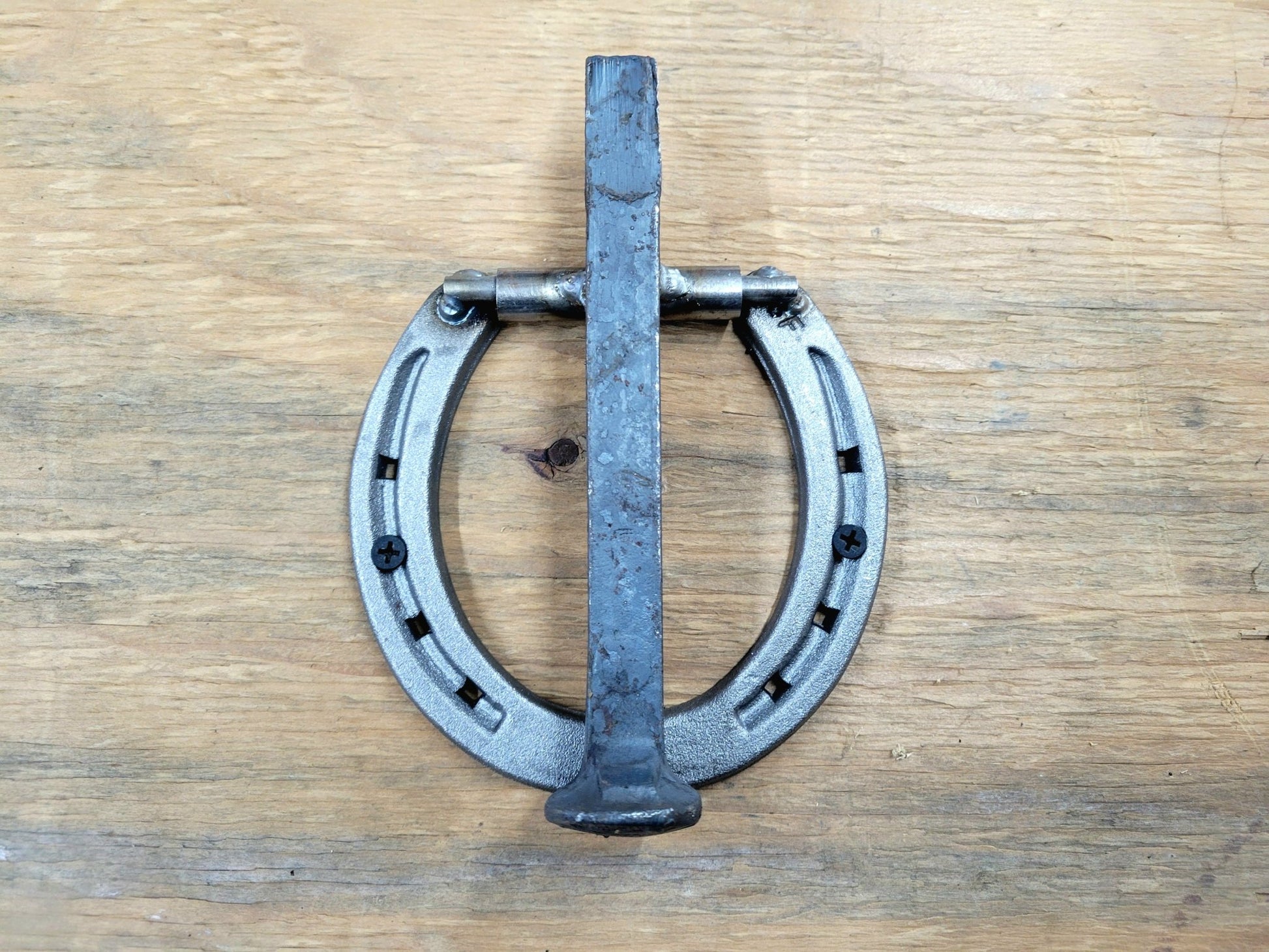 Horseshoe and Railroad Spike rustic door knock - Black Flag Steel